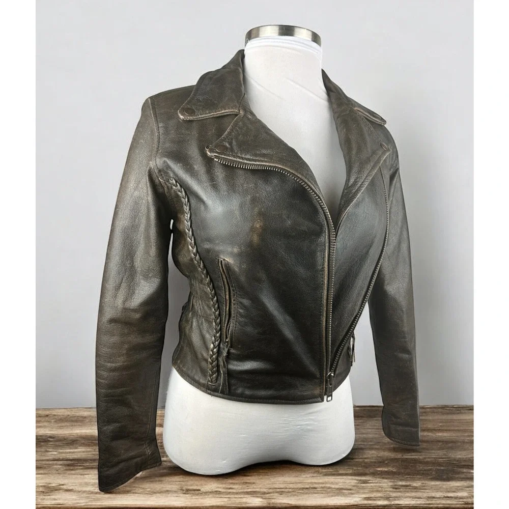 Unik Distressed Brown Leather Braided Moto Motorcycle Jacket Cross Zip Size XS - Picture 1 of 16